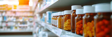 A Drug Store With Medicine Bottles Lined Up Beautifully On The Shelves. On A Blurred Background Concept Of Selling Medicines, Medical Supplies, Dietary Supplements, Medical Equipment Close-up Photo