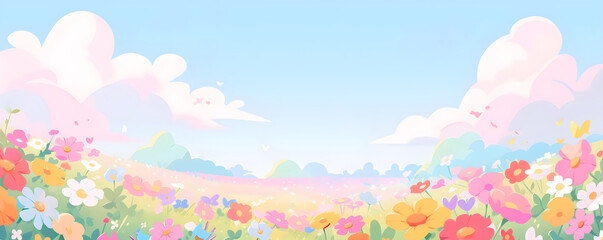 Wall Mural - Children's book flat lay illustration with a blooming flowers field. Spring meadow with wildflowers. Panoramic flat banner with summer nature landscape with copy space. Concept design for kids room