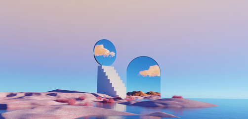 Wall Mural - 3d Render, Abstract Surreal pastel landscape background with architecture and geometric, beautiful gradient sky scene, lake with clam water, minimal concept.
