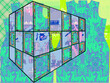 Ilustración de figura geométrica rectangular en perspectiva con profundidad de campo y ventanales decorados con colores llamativos. Sobre fondo abstracto 