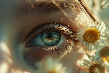 Canvas Print - A close up of a person's eye with flowers in the background. Can be used for various concepts and themes