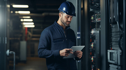 Asian man checking work equipment in generator room.