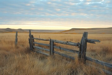 Canvas Print - A wooden fence standing in the middle of a picturesque field. Ideal for adding a touch of rustic charm to any project