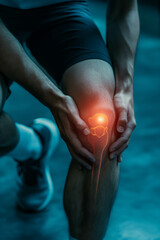 Closeup young man holding his knee, leg injury.