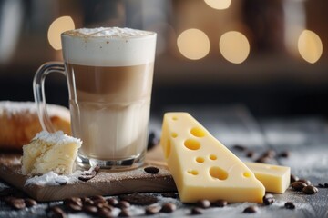 Wall Mural - A cup of coffee and some cheese arranged on a table. Perfect for food and beverage themes