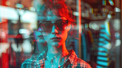 Poster - A woman wearing glasses and a plaid shirt. Versatile image suitable for various contexts