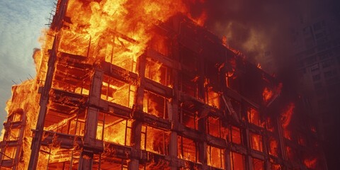 Wall Mural - A large fire engulfing a building, creating a dangerous and intense situation. This image can be used to depict disasters, emergencies, or the destructive power of fire