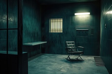 Wall Mural - A chair sits alone in a dark room with a window. This image can be used to depict solitude or a mysterious atmosphere