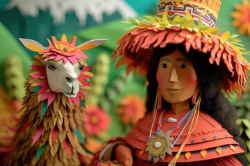 A close up view of a statue of a person standing next to a llama. This image can be used to depict cultural heritage or as a decorative element in designs