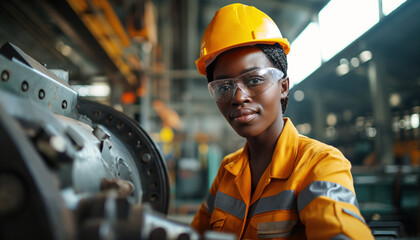 Poster - Professional heavy Industry female worker using industrial machine