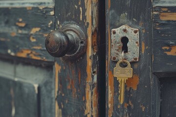 Wall Mural - a close-up view of a door with a key on it. this image can be used to depict security, access, or th