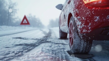 Poster - A red car is driving down a road covered in snow. This image can be used to depict winter driving, snowy landscapes, or travel during the winter season