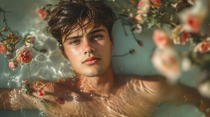 Portrait of a young man immersed in the water and surrounded by fresh flowers.