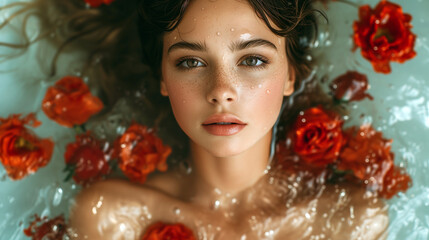 Wall Mural - Portrait of a young woman immersed in the water and surrounded by fresh flowers.