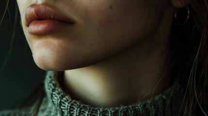 Canvas Print - A close-up view of a woman's face wearing a cozy sweater. This image can be used to showcase comfort, fashion, or winter themes