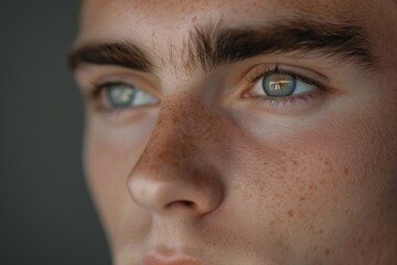 Canvas Print - A detailed close-up image capturing the unique facial features of a man with freckles. This photo can be used to portray diversity, individuality, or natural beauty in various projects