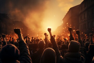 Crowd of protesters people. Silhouettes of people with banners and megaphones. Concept of revolution or protest