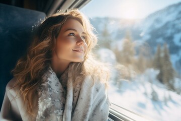 Wall Mural - Travel Concept: Woman on Train Looking Out Window: A woman on a train looks out the window, representing the excitement and anticipation of travel.
