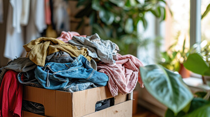 Pile of clothes sitting on top of cardboard box. Versatile image that can be used for various concepts and themes
