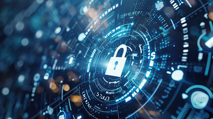 padlock icon within a complex interface of cyber security network lines and glowing dots, symbolizin
