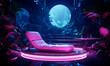 © Kyryl - Neon futuristic room with cyber sofa background. Digital 3d purple bedroom in cave with stones and tropical plants with ultraviolet illumination and blank device for relaxation