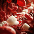 Sugar in the blood. blood cell with cube of sugar. 