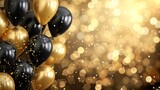 Fototapeta Tulipany - Golden and black balloons in the air on bokeh background, banner, empty space for text. Generated AI