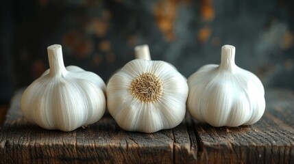 Realistic photo image. heads of garlic on a wooden table. black background. no text 