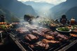 Bisignment meat barbecue, aromatic smoke and outdoor lunch in a mountain with panoramic mountain views., generative IA