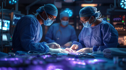Wall Mural - group of surgeon surgery in operation room take with art lighting and blue filter