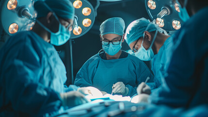 Wall Mural - group of surgeon surgery in operation room take with art lighting and blue filter