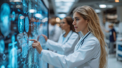 Wall Mural - selective focus of female doctor pointing at digital screen in hospital corridor