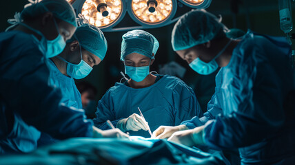Wall Mural - group of surgeon surgery in operation room take with art lighting and blue filter