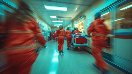 Wall Mural - an urgent situation medical procedure being performed by a team of doctors and nurses, captured in a