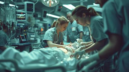 Wall Mural - an urgent situation medical procedure being performed by a team of doctors and nurses, captured in a