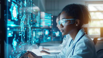 Wall Mural - innovative technologies. dark-skinned female scientist wearing white coat and blue eyeglasses workin