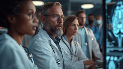 Wall Mural - serious doctor looking at camera while standing in front of his team