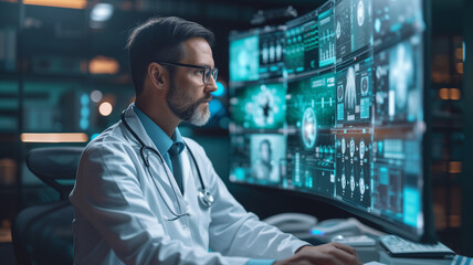 Wall Mural - portrait of male doctor working with computer in modern office. medical and healthcare concept.