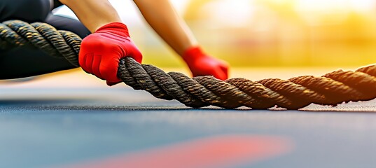 Wall Mural - Young man exercising with battle rope at gym, fitness workout concept with copy space