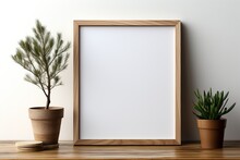 Modern Wooden Picture Frame Mockup Isolated On Transparent Background, Portrait Vertical Minimal Style Artwork Template For Photo, Image, Picture, Wall Art, Text, Quote