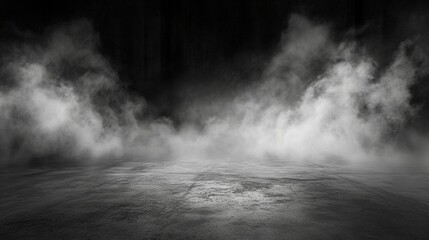 Wall Mural - abstract image of light black room concrete floor panoramic view of the abstract fog white cloudiness, space for product presentation ,mist or smog moves on light black background