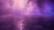 A panoramic view of a dark room, its glossy concrete floor reflecting a mysterious purple mist that drifts across a violet background.