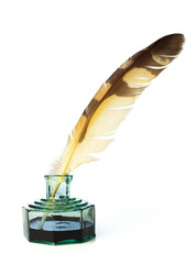 Wall Mural - Quill pen with a glass bottle of ink. Feather in an inkwell.