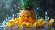 Fresh Pineapple And Splashing Water On A Dark Background. Vibrant Tropical Fruit Image Perfect For Food Blogs. Juicy And Fresh Visual. AI
