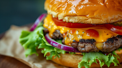 Wall Mural - Cheeseburger with lettuce, tomato, onion, and melted American cheese