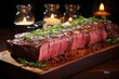 Raw Brazilian picanha steak or cow sirloin steak on wooden tray. Black wood bottom. View of the top., generative IA