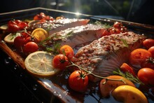Barbecue With A Variety Of Meat, Complete With Tomatoes And Peppers On A White Plate., Generative IA