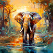 Elephant in jungles drawn by oil paints, colorful background