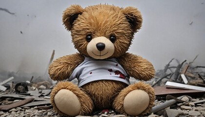 sad war burnt teddy bear toy for lost childhood innocence concepts