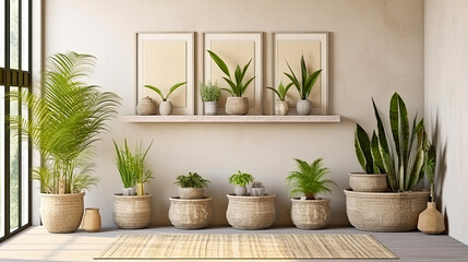 Wall Mural - Interior of the living room of a green house, a winter garden, a glazed veranda in eco-style made of natural materials and many homemade potted plants in wicker flowerpot.